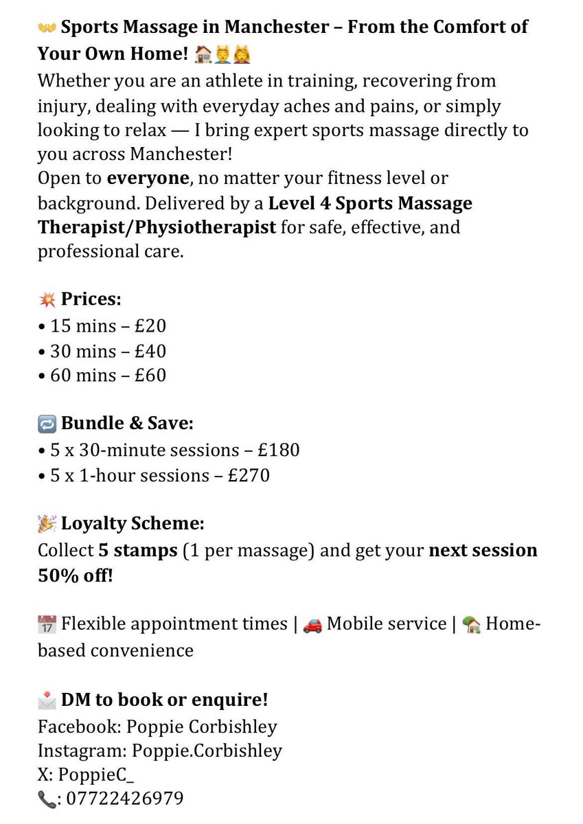 🚨Anyone in Manchester wanting a sports massage from the comfort of their own home?

Share to anyone who may be interested and dm me to book/enquire☺️