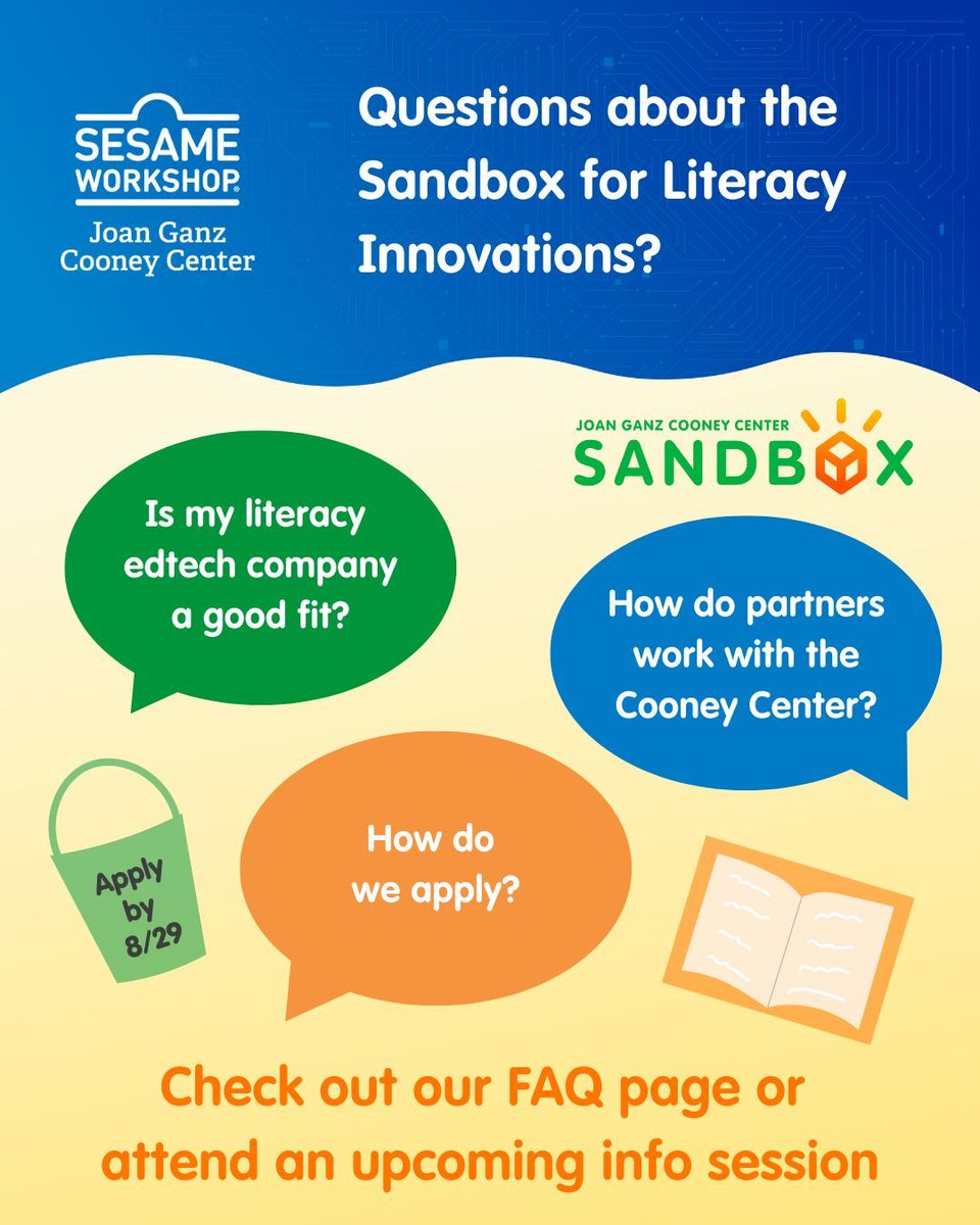 CooneyCenter's tweet image. Interested in applying to our Sandbox for Literacy Innovations but not sure if your product is a good fit? Come to our virtual information session on Monday 7/28 (or Wed 8/13)! More info on our Events page: bit.ly/4lwLBJ7
