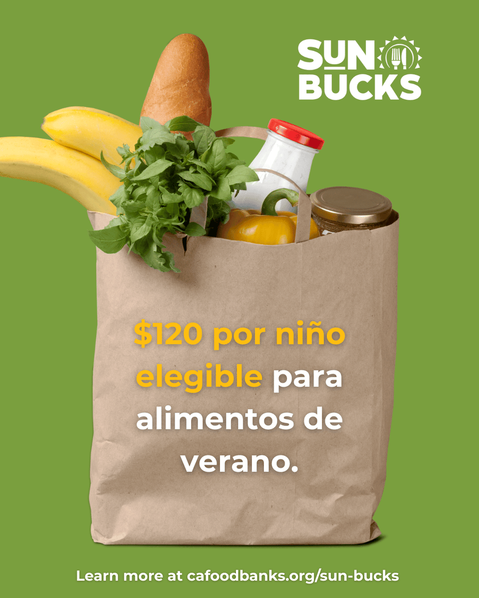🕒 ¡Asegúrate de solicitar los SUN Bucks antes del 2 de septiembre de 2025 para obtener dinero extra para alimentos durante el receso escolar!

Las familias que califican para comidas gratuitas o a precio reducido podrían ser elegibles. 🍎🥦

cafoodbanks.org/es/sun-bucks?u…