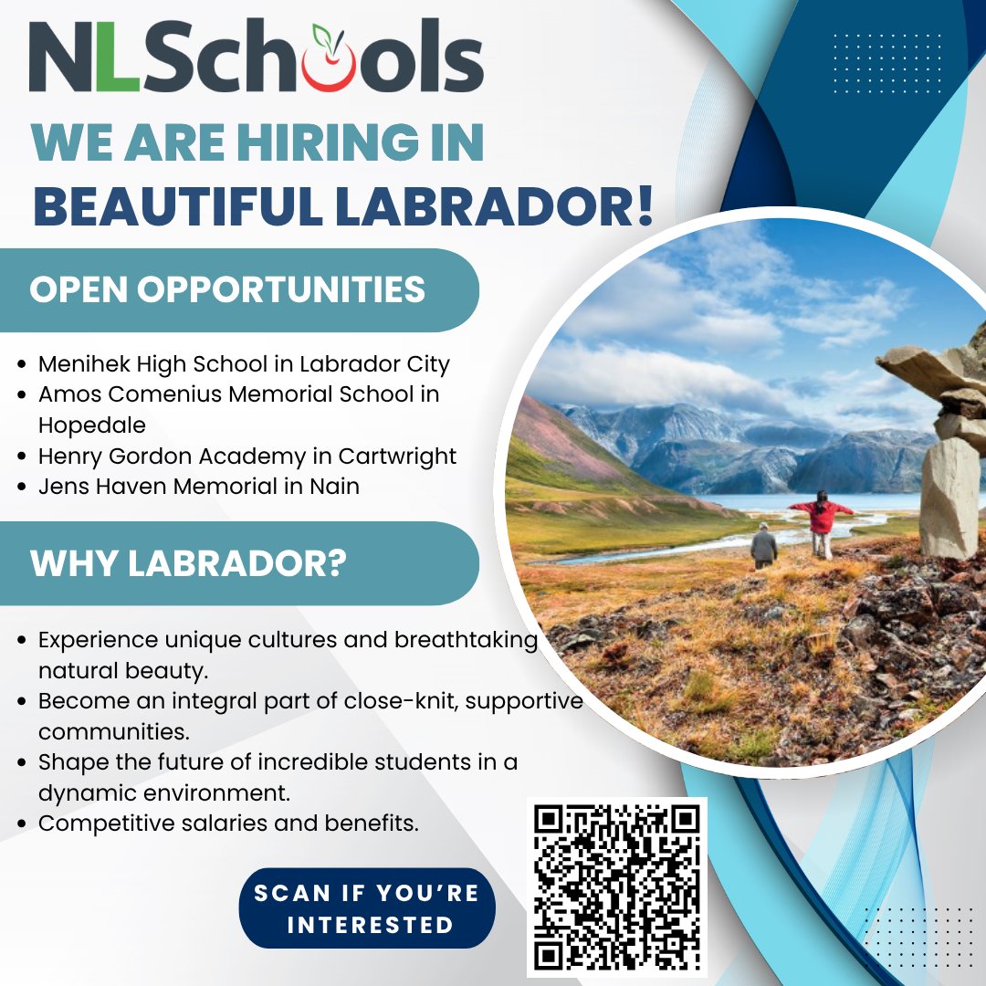 NLSchoolsCA's tweet photo. Are you a passionate teacher looking for an exciting new adventure? We have incredible opportunities available in communities across Labrador. If you're ready to inspire, connect, and grow, we want to hear from you! If you’re interested, please click here: https://t.co/MCGfrAlpEv https://t.co/UEKbfrAM8U
