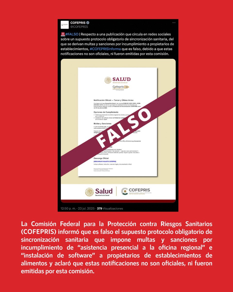 infodemiaMex's tweet image. ❌Falso protocolo de la @COFEPRIS que impone multas y sanciones por incumplimiento a propietarios de establecimientos de alimentos
✅La Comisión Federal para la Protección contra Riesgos Sanitarios (#COFEPRIS) informó que es falso el supuesto protocolo obligatorio de…