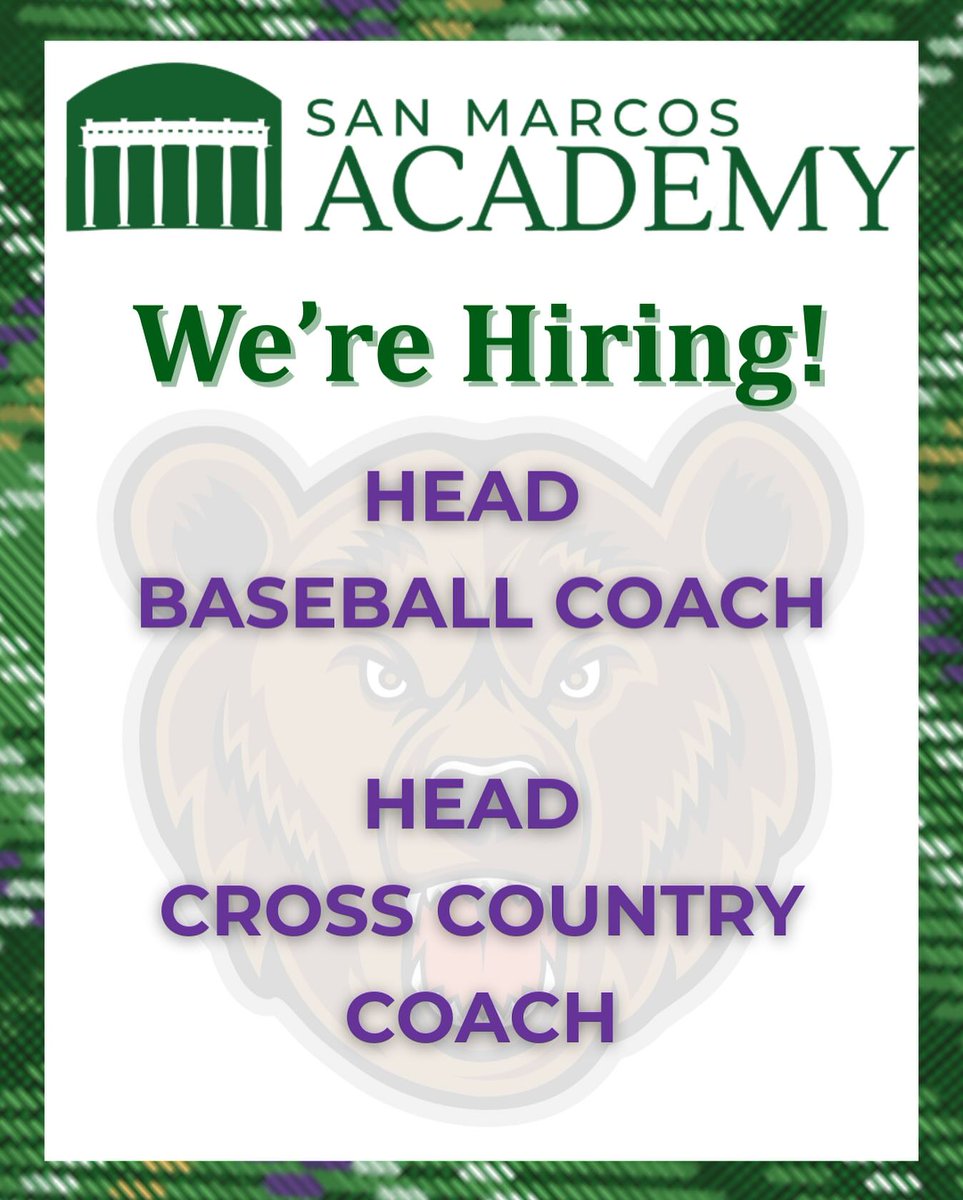 TeamLSCSN's tweet image. EMPLOYMENT | San Marcos Academy is currently accepting applications for two opportunities:
+ Head Baseball Coach
+ Head Cross Country Coach
Apply at smabears.org on the Employment Opportunities page.