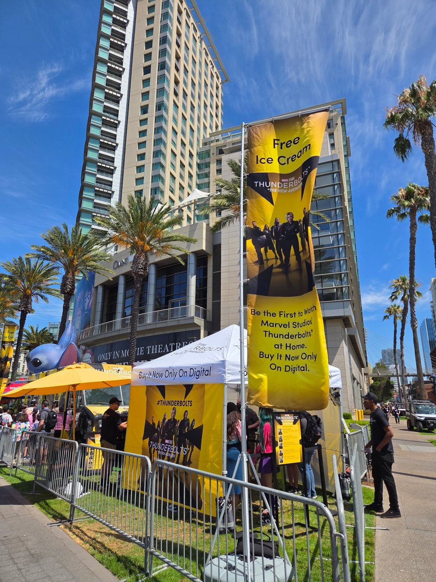 SDCC_Swagyu's tweet photo. The Thunderbolts offsite, along the trolley tracks, also has a treat truck serving themed soft serve as well. Get them while it lasts! #sdcc #SDCC2025  #sdcc25 https://t.co/N0C6gT5J2r