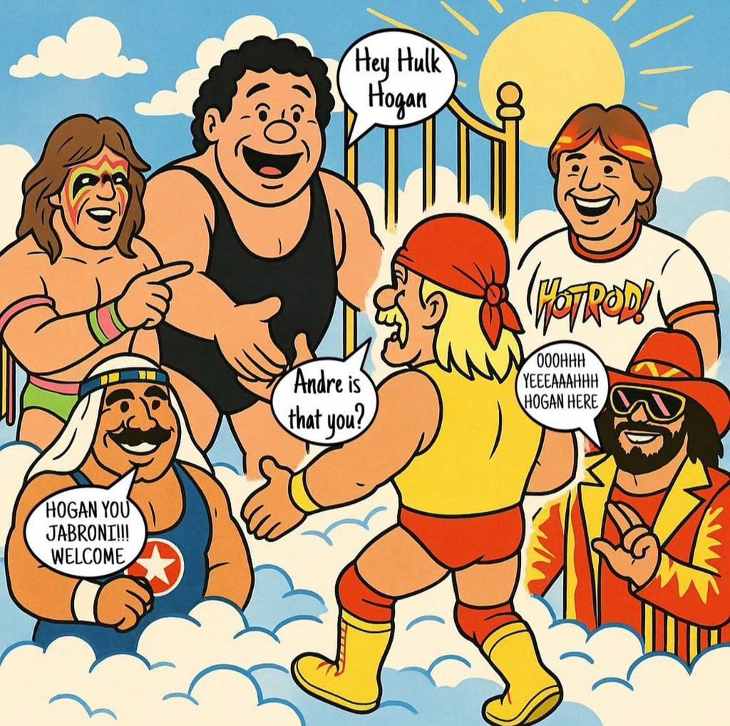 PWMania's tweet image. Rest in power, Hulk Hogan 🕊️
Reunited with the legends. Thank you for the memories, brother. 💛❤️
#HulkHogan #WrestlingLegends #RIP