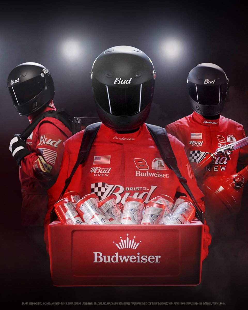budweiserusa's tweet image. We're teaming up with NASCAR Hall of Famer @dalejr to send a pit crew to the MLB Speedway Classic. Meet the Bristol Bud Crew. 8.2.25 🏁🍻⚾