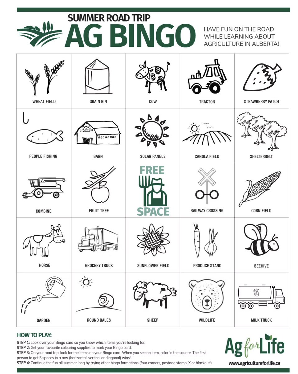 Turn your Alberta road trip into a fun learning experience about agriculture! Our bingo sheet adds a twist to your journey. Spot cows, tractors, and crops as you drive through scenic landscapes and small towns. 
Download🔗agricultureforlife.ca/post/summer-ro…
