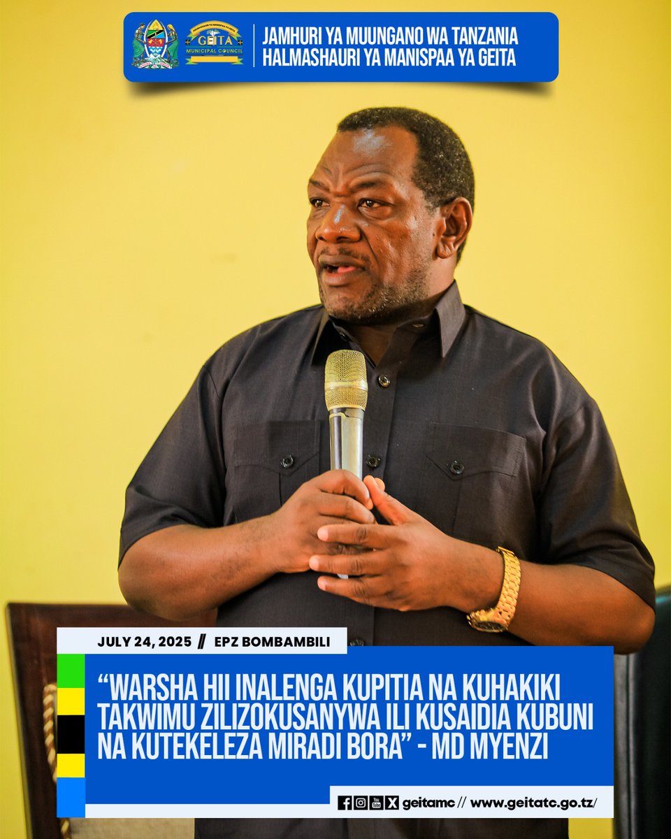 geitamc's tweet photo. WARSHA YA UHAKIKI WA TAKWIMU
MPANGO WA HATUA ZA TABIANCHI BUKOBA NA GEITA – MFUKO WA GAP

Akifungua Warsha hiyo katika Ukumbi wa EPZ Bombambili, Mkurugenzi wa Manispaa ya Geita Ndugu Yefred Myenzi 

Kusoma zaidi >>> https://t.co/dBTjLIRT9Y https://t.co/ayhXjKIyLT