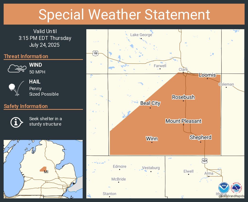 NWSGrandRapids's tweet image. A special weather statement has been issued for Mount Pleasant MI, Shepherd MI and Rosebush MI until 3:15 PM EDT