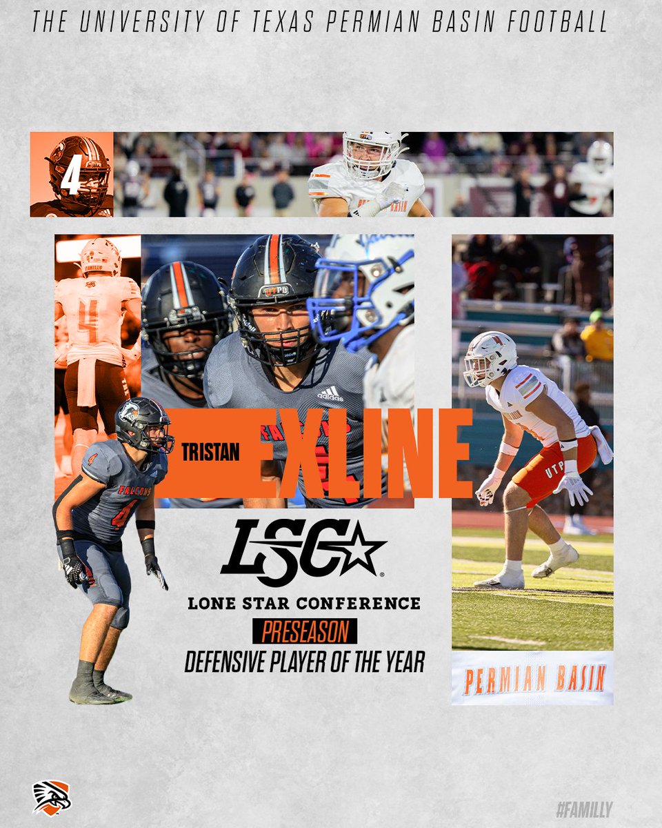 utpbfalcons's tweet image. For the 2nd year in a row, your UTPB Fball team is predicted to finish in 3rd place in the LSC standings according to the 2025 LSC Fball Preseason Poll. Additionally, linebacker Tristan Exline was selected as the 2025 LSC Football Preseason Defensive Player of the Year. #FAMILLY
