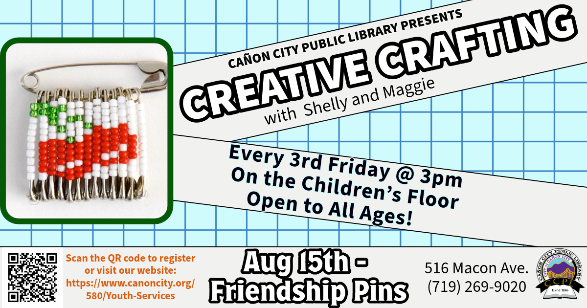 CanonLibrary's tweet image. Come join us on the Children's Floor and make some Friendship Pins! Call 719-269-9020 or go to canoncity.org/580/Youth-Serv… to register and reserve your spot!