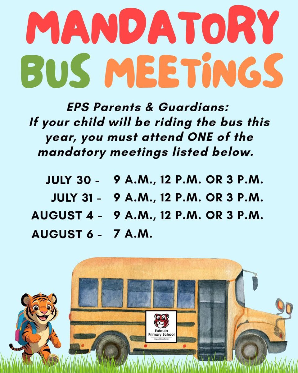 EufaulaPrimary's tweet image. 🚌 Attention EPS Parents/Guardians: 🚌
If your child will be riding the school bus to or from EPS for the 2025–2026 school year, you must attend a mandatory transportation meeting before they are allowed to ride.
#WeAreECS #ExpectExcellence