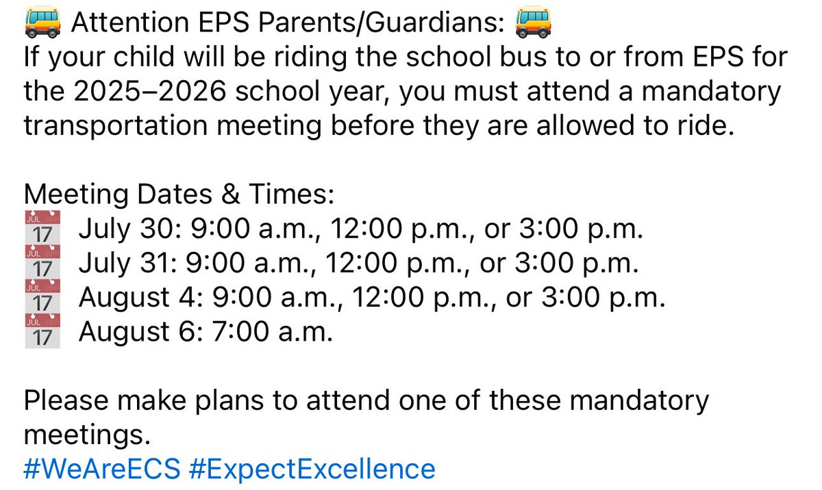 EufaulaPrimary's tweet image. 🚌 Attention EPS Parents/Guardians: 🚌
If your child will be riding the school bus to or from EPS for the 2025–2026 school year, you must attend a mandatory transportation meeting before they are allowed to ride.
#WeAreECS #ExpectExcellence