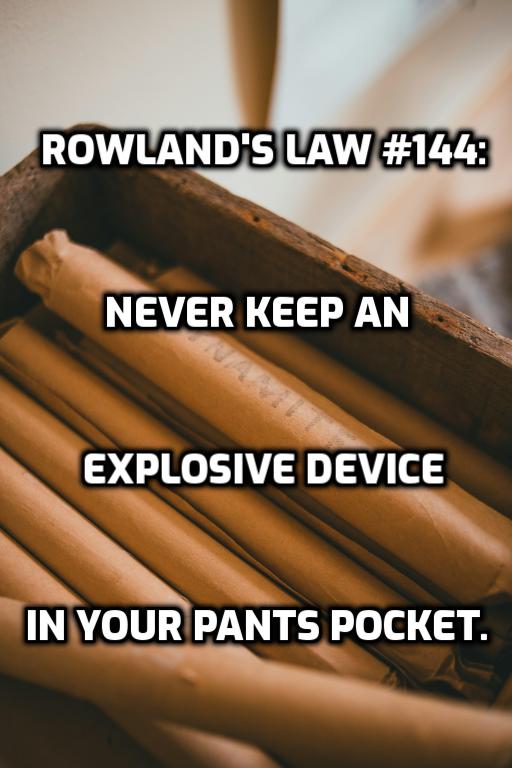 rowlands_laws's tweet image. The rules of etiquette dictate that grenades, TNT sticks, other explosive charges go in a hand-bag. Maybe a specially made pouch. Keeping one in a hip pocket just isn't done.
Photo by Eric McLean on Unsplash.
