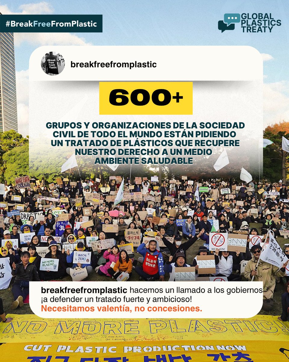 🌍✊ 601 organizaciones de todo el mundo firmaron el «Manifiesto por un futuro libre de contaminación plástica», un llamamiento urgente a los líderes para que defiendan el derecho de las personas a un medio ambiente saludable.

🔗 breakfreefromplastic.org/plastics-treat…