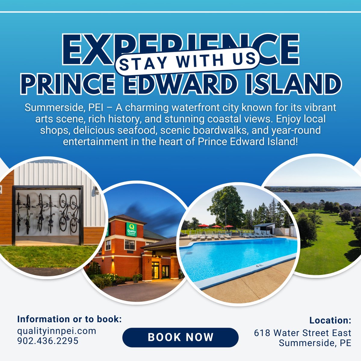 Make Summerside your home base and explore everything the Island has to offer:
Local eats &amp; waterfront views
Bike rentals &amp; trails
Beaches &amp; lighthouses
Golf &amp; so much more!

Stay with us at Quality Inn &amp; Suites Summerside — where Island adventures begin.