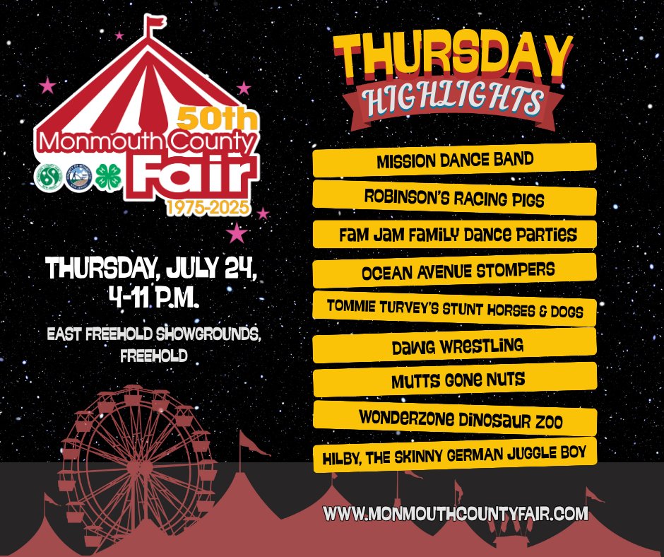 We had so much fun last night that we can't wait for another evening of Fair fun!🎆🎪🎡⁠
Highlights include the Mission Dance Band on the Main Stage, tons of entertainment, fantastic vendors, delicious food, exciting rides, and more! ⁠
Get details at MonmouthCountyFair.com.