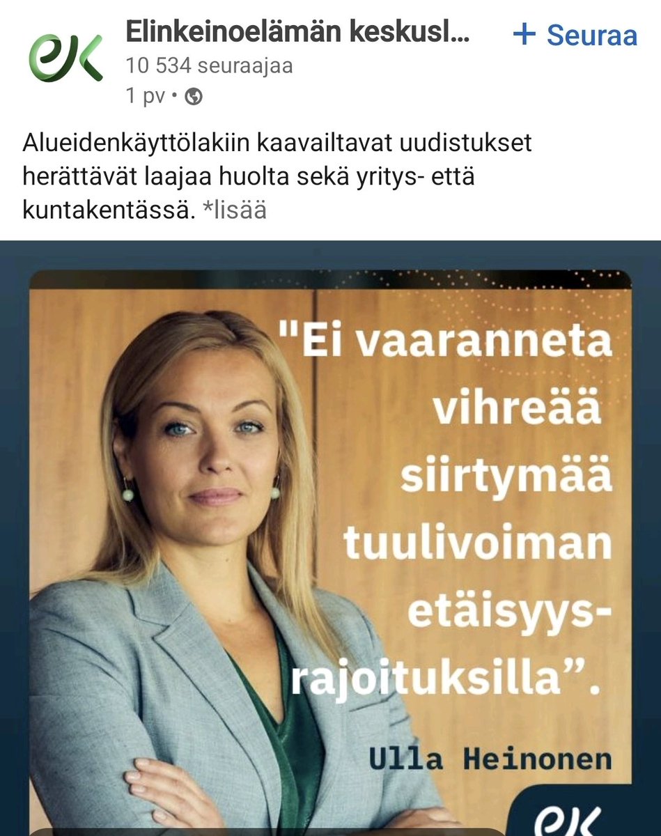 Lifflander's tweet image. On hallitukselta tervetullut uudistus, että tuulivoimalle saadaan etäisyysrajoitus.
Älkää kompastuko EK:n ja tuulituottajien propagandaan, jossa vastustetaan etäisyysrajoituksia.
Haluaisitko itse takapihallesi ulvovan tuulimyllyn? Ja tontin arvo samantien 0.