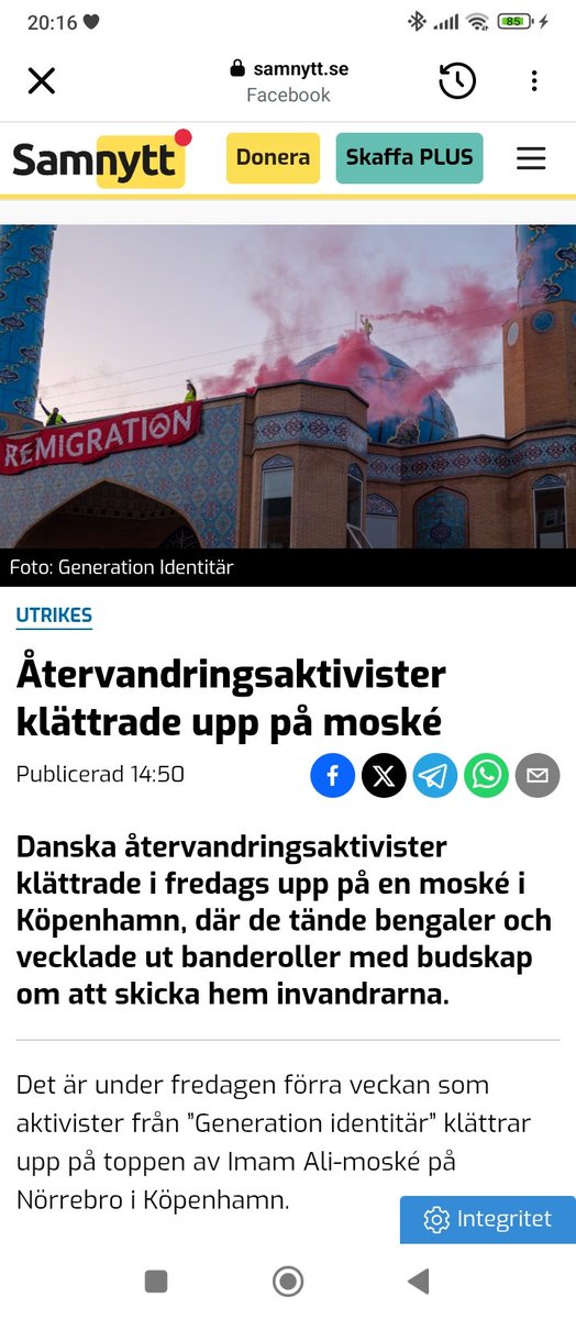 Anna_Infidel's tweet image. Varför kan vi inte ha lite mer sånt här i Sverige också? 😢
Danska aktivister från Generation Identitär klättrade upp på en moské i Köpenhamn, tände bengaler och hissade en banderoll med budskap om återvandring. Gruppen säger sig protestera mot massinvandring genom civil…
