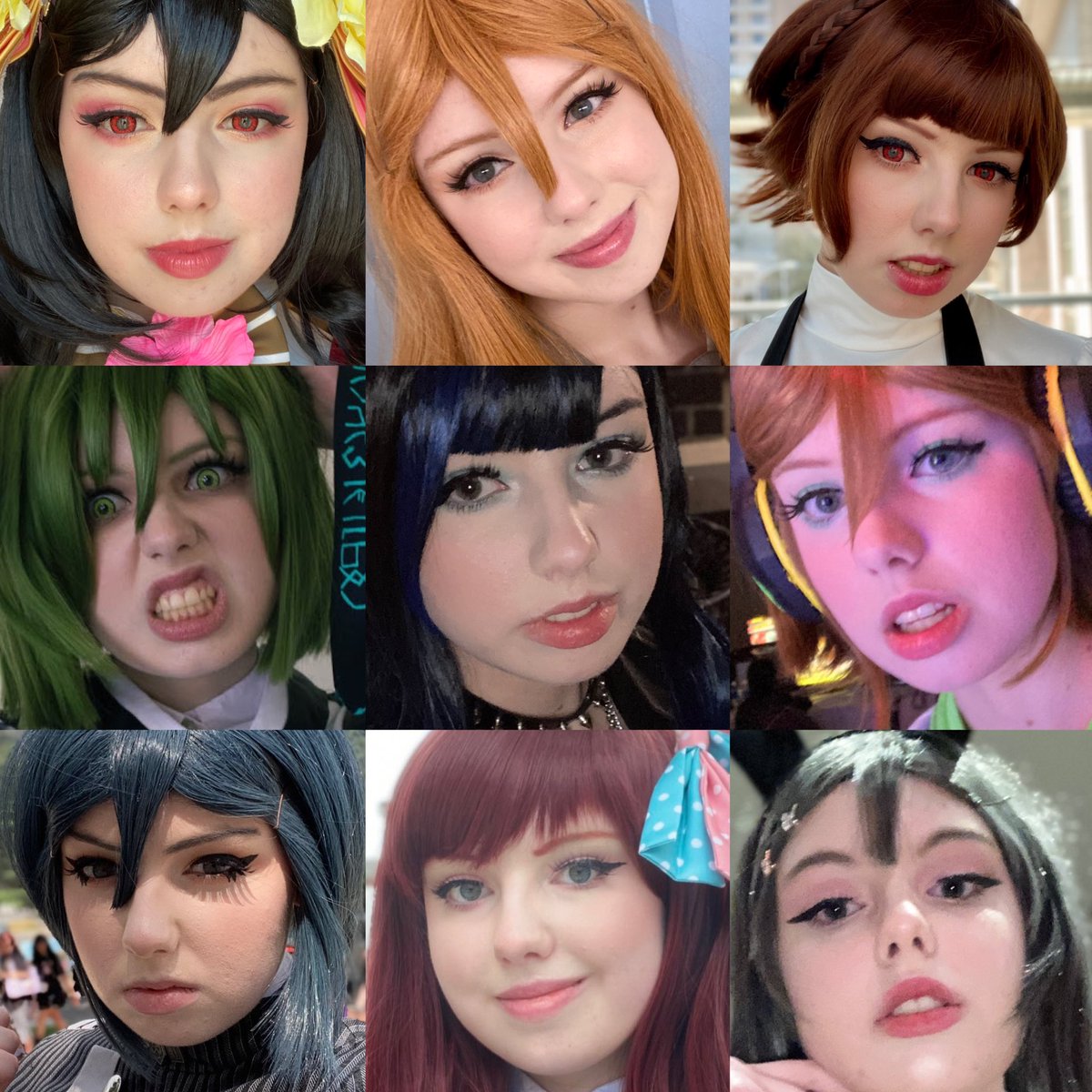 kunikidaze's tweet image. there was a trend on cosplay instagram back in like 2020 called “face your cosplay” meant to show off your makeup. I guess this is my updated version of it? who looks most out of place in this lineup…