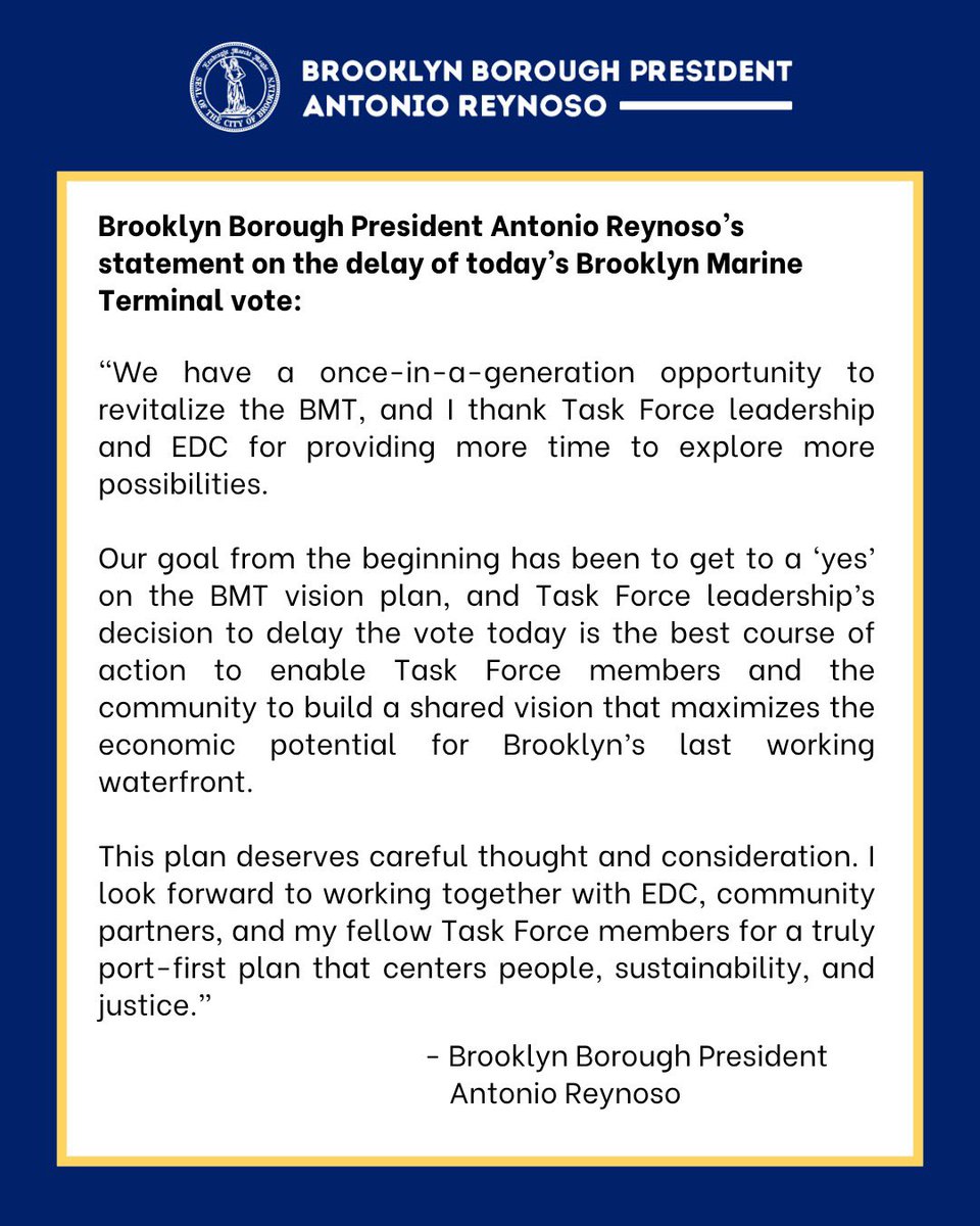 My statement on the delay of today’s Brooklyn Marine Terminal vote ⬇️
