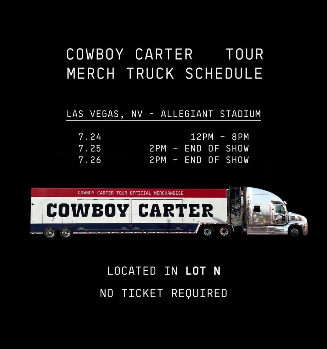 AllegiantStadm's tweet image. LAS VEGAS - COWBOY CARTER Tour merch begins today!
LOT N. No ticket required.
π bit.ly/4iBW2cH