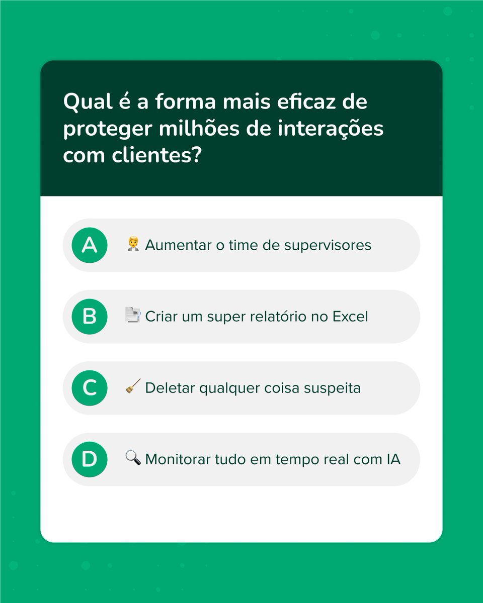 WeCleverAI's tweet photo. Quantas conversas passam pela sua operação todos os dias?

Monitorar tudo, o tempo todo, manualmente, é inviável.

É aí que entra a análise e auditoria automatizada com IA. https://t.co/EWBNW0C6VW