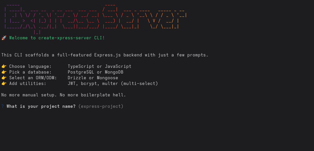 Spinning up an Express.js project is a pain
> mkdir server
> npm init
> npm install express nodemon bcrypt jwt multer

I built a CLI to save us:-
npx create-xpress-server@latest

bootstraps TS/JS • PostgreSQL/MongoDB • Drizzle/Mongoose • All the goodies

will you be trying it?