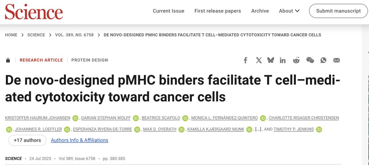 Timothy Jenkins (@timothypjenkins) on Twitter photo Thrilled to announce our paper, "De novo-designed pMHC binders facilitate T cell-mediated cytotoxicity toward cancer cells," is officially out in <a href="/ScienceMagazine/">Science Magazine</a>!
We used generative AI to build a 'GPS' for immune cells to hunt cancer.
Read it here: doi.org/10.1126/scienc… Thrilled to announce our paper, "De novo-designed pMHC binders facilitate T cell-mediated cytotoxicity toward cancer cells," is officially out in <a href="/ScienceMagazine/">Science Magazine</a>!
We used generative AI to build a 'GPS' for immune cells to hunt cancer.
Read it here: doi.org/10.1126/scienc…