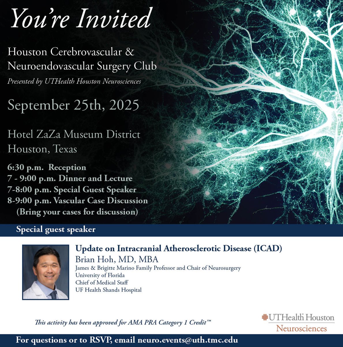 UTHNeuro's tweet image. Please join us for a presentation by University of Florida Chair of Neurosurgery Brian Hoh, MD, MBA, who will present an update on intracranial atherosclerotic disease (ICAD) at 6:30 p.m. Sept. 25 at Hotel ZaZa Museum District. @jacquesmorcosmd @RocChenMD @UTHealthStroke