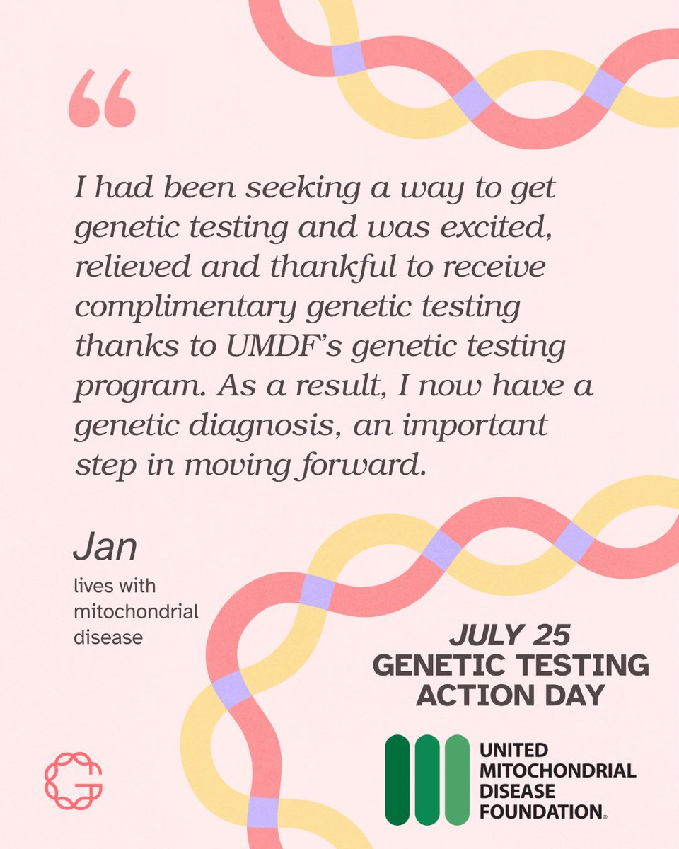 UMDF's tweet image. Jan received genetic testing through UMDF's No-Cost Genetic Testing program. Receiving her diagnosis was "an important step in moving forward." Our goal is to expand access to #genetictesting for those with suspected #mitochondrialdisease. Get started at umdf.org/genetictesting/