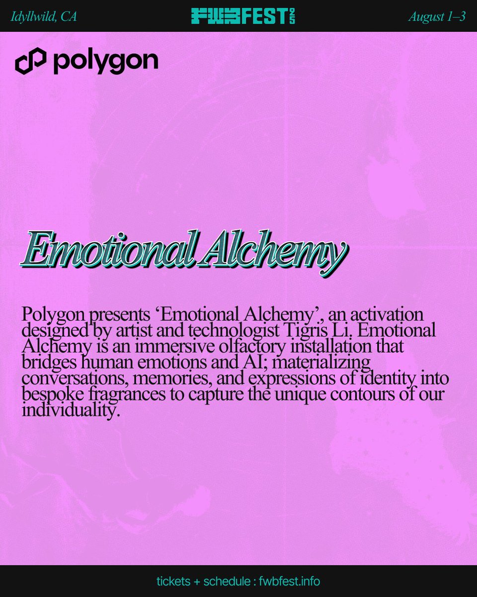 Friends With Benefits (@fwbtweets) on Twitter photo If you feel like Santal 🪵 is getting rinsed, we think you’ll like what <a href="/0xPolygon/">Polygon</a> and <a href="/tigrisli/">tigris</a> designed for FEST25:
Emotional Alchemy invites you to participate in an immersive olfactory installation that bridges human emotions and AI; materializing conversations, memories, If you feel like Santal 🪵 is getting rinsed, we think you’ll like what <a href="/0xPolygon/">Polygon</a> and <a href="/tigrisli/">tigris</a> designed for FEST25:
Emotional Alchemy invites you to participate in an immersive olfactory installation that bridges human emotions and AI; materializing conversations, memories,