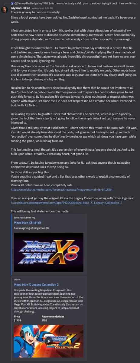Solren (@solrensun) on Twitter photo 🧵I think that this needs to be shared.
This is what <a href="/AlyssonDaPaz/">Alysson da Paz</a> had to conclude about the Zashiko mod of his MMX8 Demake. Zashiko sadly didn't respect Alysson's wishes, and now the mod cannot be considered safe to play.
>The original demake is safe! It's just the mod!< 🧵I think that this needs to be shared.
This is what <a href="/AlyssonDaPaz/">Alysson da Paz</a> had to conclude about the Zashiko mod of his MMX8 Demake. Zashiko sadly didn't respect Alysson's wishes, and now the mod cannot be considered safe to play.
>The original demake is safe! It's just the mod!<