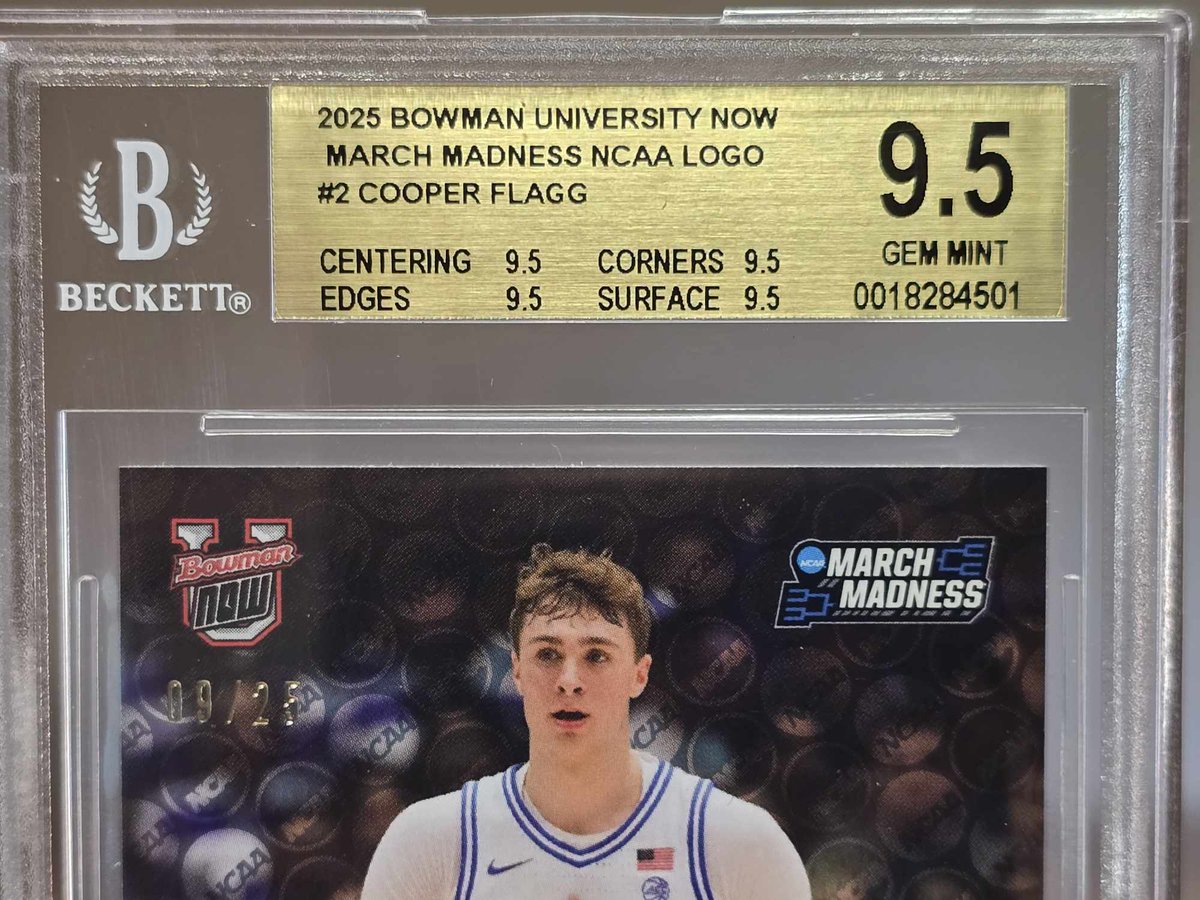 CardyK80989's tweet image. My @beckettcollect submission arrived today and I want to showcase the card I was really looking forward to showing off /25 My 2025 Bowman University Now March Madness NCAA Logo card featuring Cooper Flagg scored a BGS 9.5 Gem Mint grade on July 16, 2025! Here are the details:…