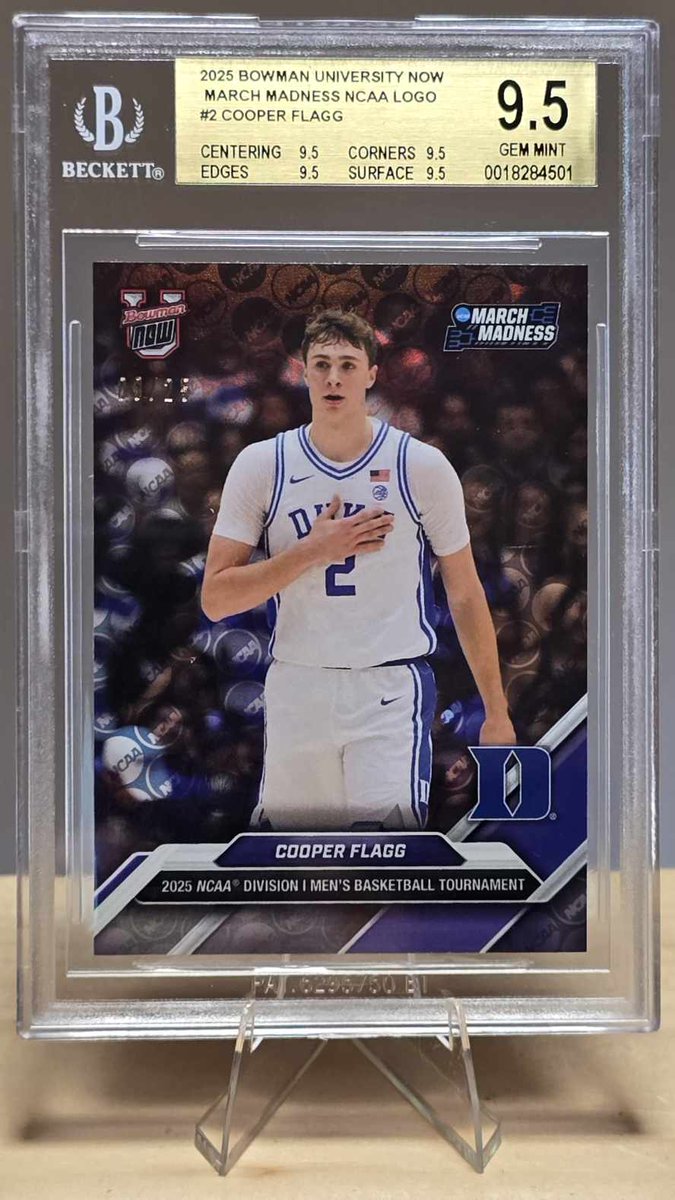 CardyK80989's tweet image. My @beckettcollect submission arrived today and I want to showcase the card I was really looking forward to showing off /25 My 2025 Bowman University Now March Madness NCAA Logo card featuring Cooper Flagg scored a BGS 9.5 Gem Mint grade on July 16, 2025! Here are the details:…