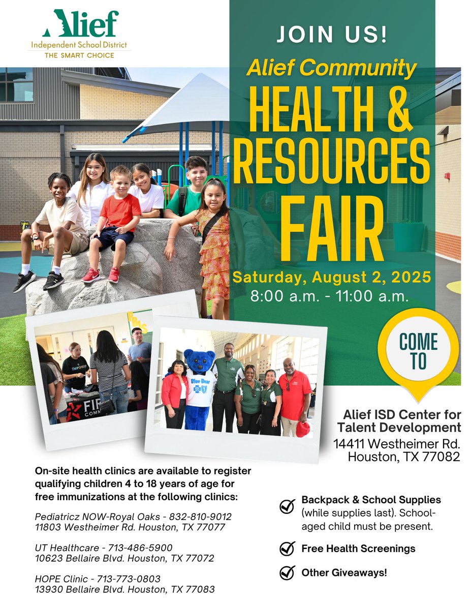 AliefISD's tweet photo. Mark your calendars for the Alief Community Health Fair on Saturday, August 2, 2025! 
🎉 Free immunizations 
🎒 Backpack and school supplies 
🩺 Health screenings 
🎁 Great giveaways
Check the flyer for all the details. See you there! https://t.co/oNJJEgZRdc