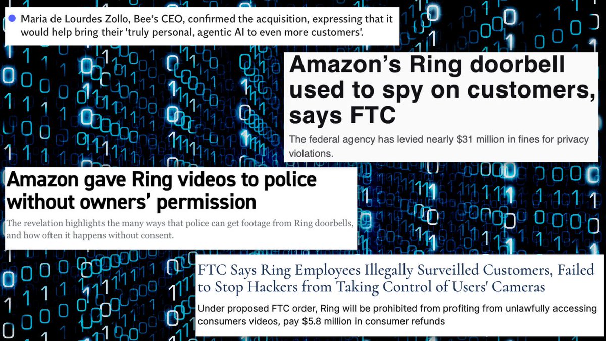 CourtenayTurner's tweet photo. 3/7 Announced on Tuesday, deal pending. Bee's CEO: Excited to join Amazon for "truly personal, agentic AI" to more users. But Amazon's history? Sharing Ring footage w/ cops w/o consent & FTC fines for spying. Policies may change—your data at risk! #BigTechTakeover https://t.co/msuvPjh2wc