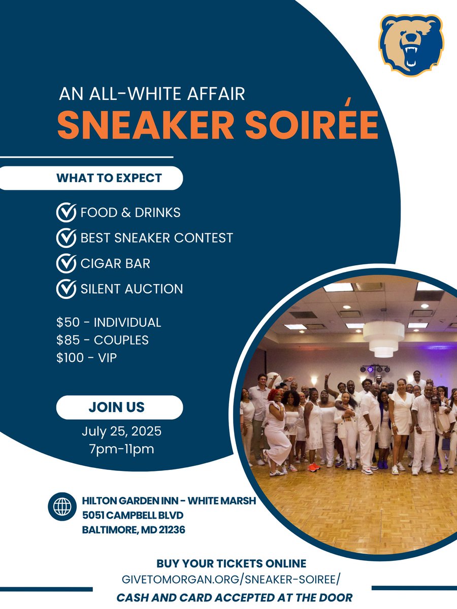 MorganStBears's tweet image. Think you got the best sneakers in town? Come on out for the All-White Sneaker Soirée and let’s see your best!
Tomorrow at 7pm. Cash and card accepted at the door.
🎟️ givetomorgan.edu/sneaker-soiree/