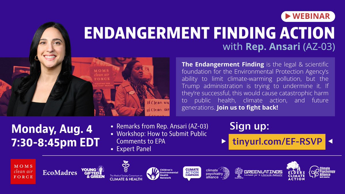 CleanAirMoms_DC's tweet image. 🚨The Trump EPA is trying to revoke the Endangerment Finding 🚨 This is one of their most egregious attacks to climate progress yet. Join us & @RepYassAnsari on Monday, Aug. 4th at 7:30pm EDT to learn how to fight back! Sign up now: tinyurl.com/EF-RSVP