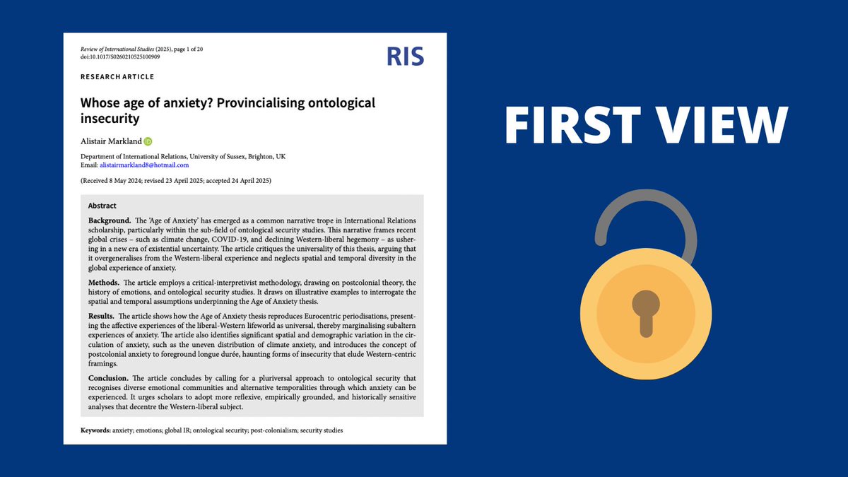 RISjnl's tweet image. 🚨New First View Article🚨
"Whose age of anxiety? Provincialising ontological insecurity" by Alistair Markland is now available to read. And it's #OpenAccess!
Check it out here 📄 ➡️ buff.ly/qStKjt2