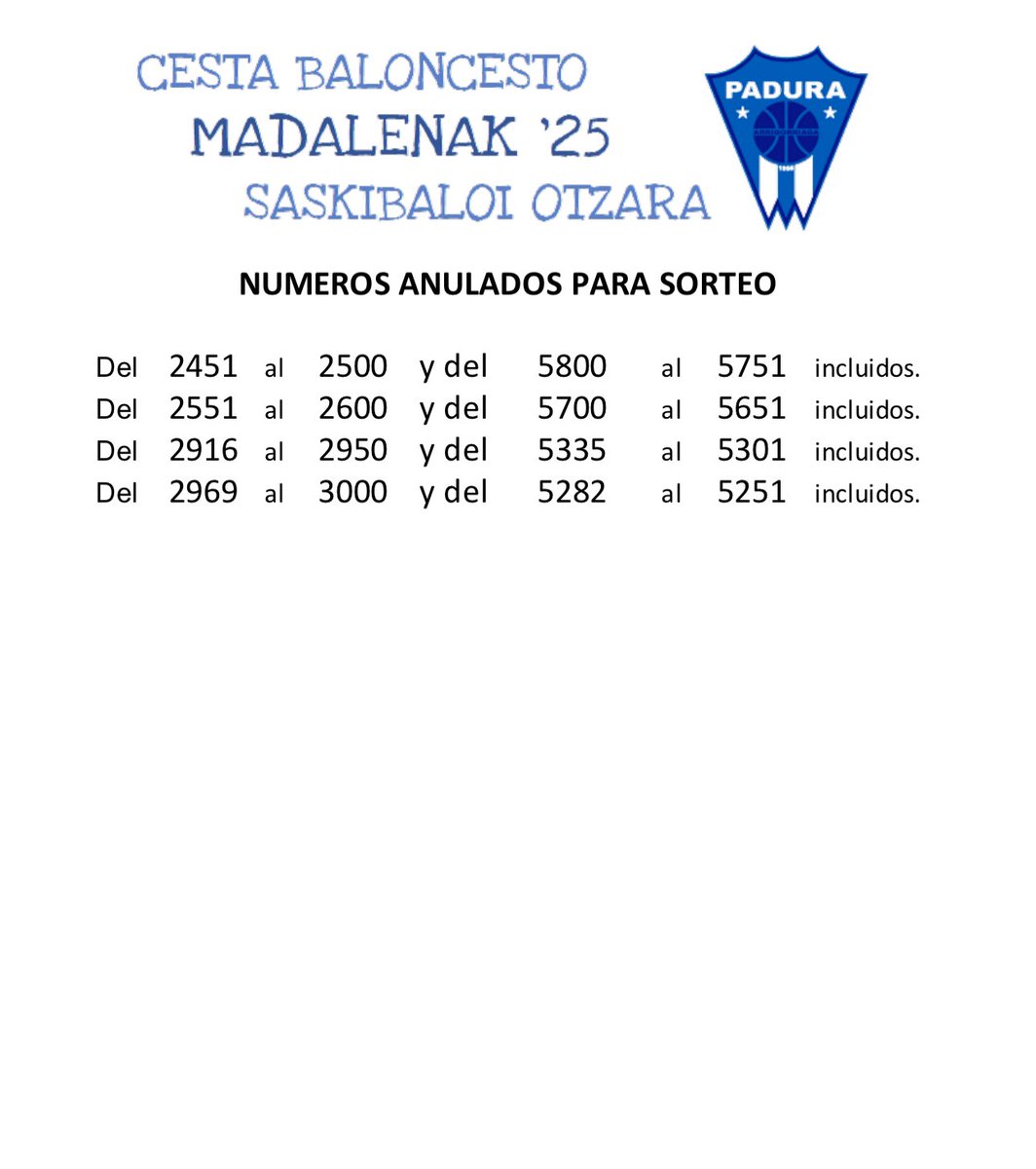 En el descanso del tercer partido del LVIII. Torneo de Madalenak 2025 se sortea la Rifa de este año. A continuación la relación de papeletas no vendidas, y por tanto, que cuyos números no entran en el sorteo.