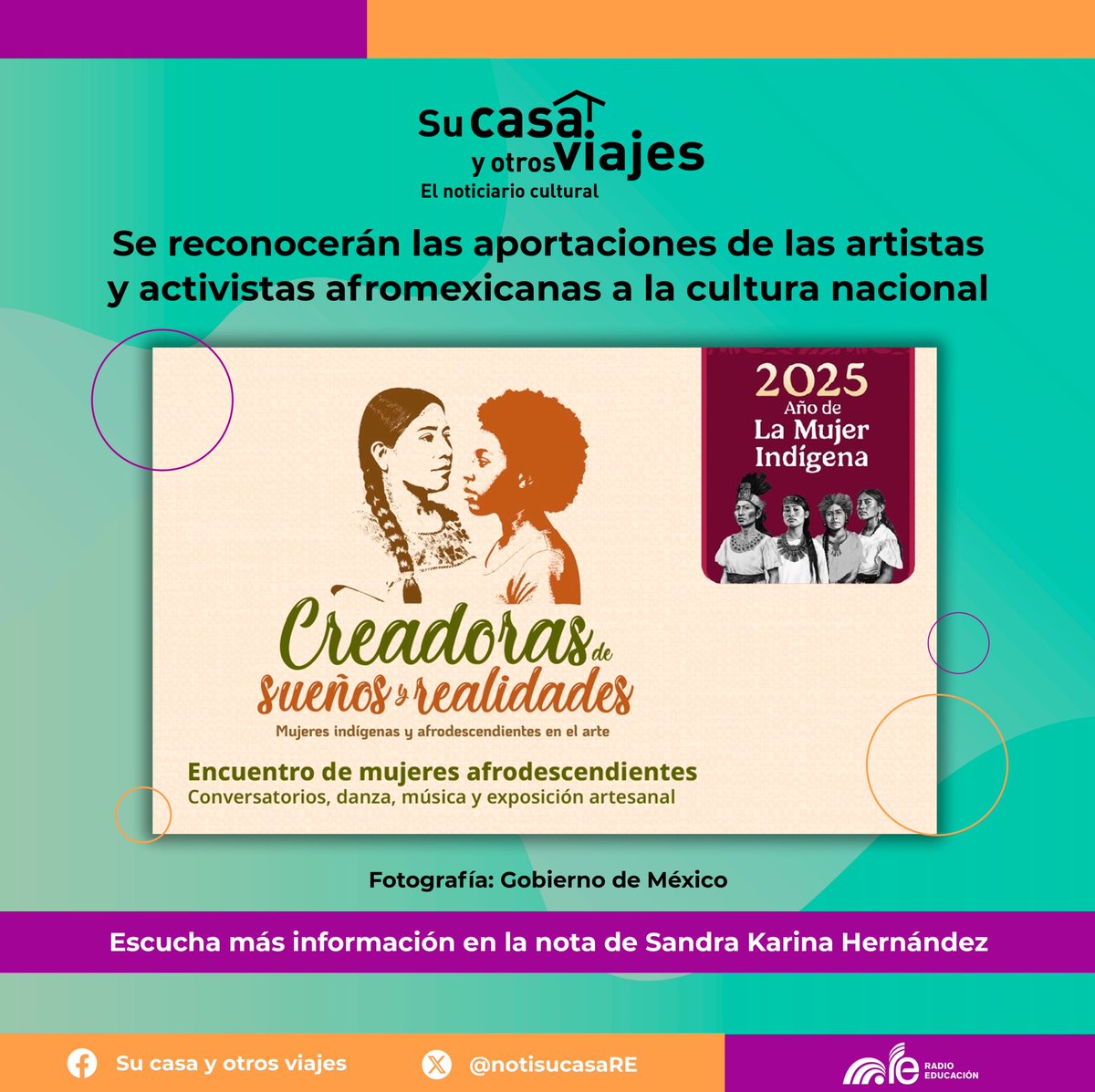notisucasaRE's tweet photo. 👚El encuentro Creadoras de Sueños y Realidades. Mujeres Indígenas y Afrodescendientes en el Arte  reconocerá las aportaciones de las artistas afromexicanas a la cultura nacional. 👠

Escucha la nota de Sandra Karina Hernández para #SuCasaYOtrosViajes ⬇️

https://t.co/CxynirZyUI https://t.co/DuPPliD2ck