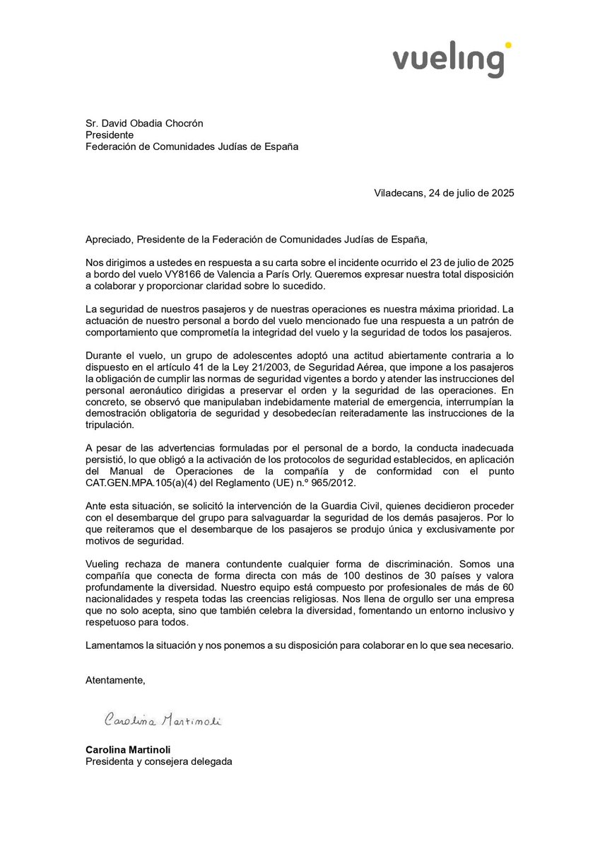 fcjecom's tweet image. Decepcionante respuesta de @vueling a nuestra petición de pruebas. Seguimos sin conocer la gravedad del comportamiento de 47 menores para haber sido desalojados de un avión.