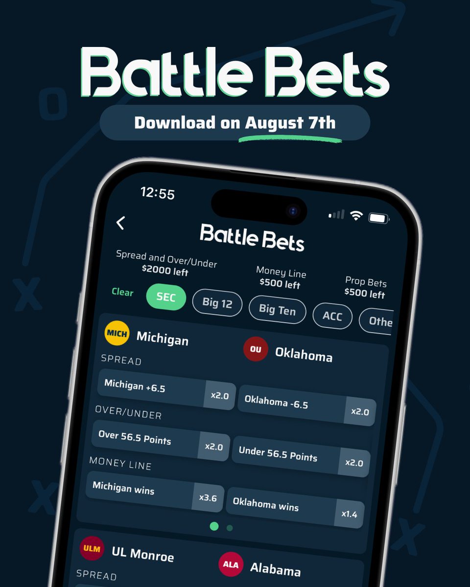 battlebets_app's tweet photo. Introducing Battle Bets

The NFL has fantasy football. College Basketball has March Madness brackets. Why doesn’t College Football have something that captures that same magic?

Now it does. Battle Bets is the world’s first app for simulated sports betting leagues! https://t.co/GxCU0LIzs8