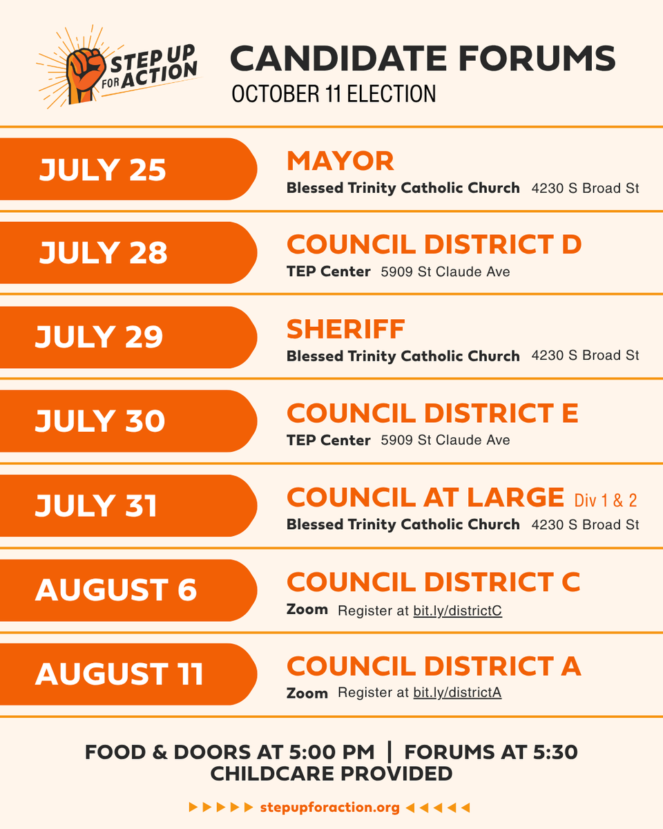 StepUpForAction's tweet photo. Election season is ON. So are our candidate forums. 

Big races are coming up on October 11, Step Up for Action is hosting a series of candidate forums. 

💬 Want answers? Come get them.
📣 Got the kiddos? Bring them.
 🔆STEP UP and help shape our city's future.

 #NewOrleans https://t.co/WJEhGJyOKQ