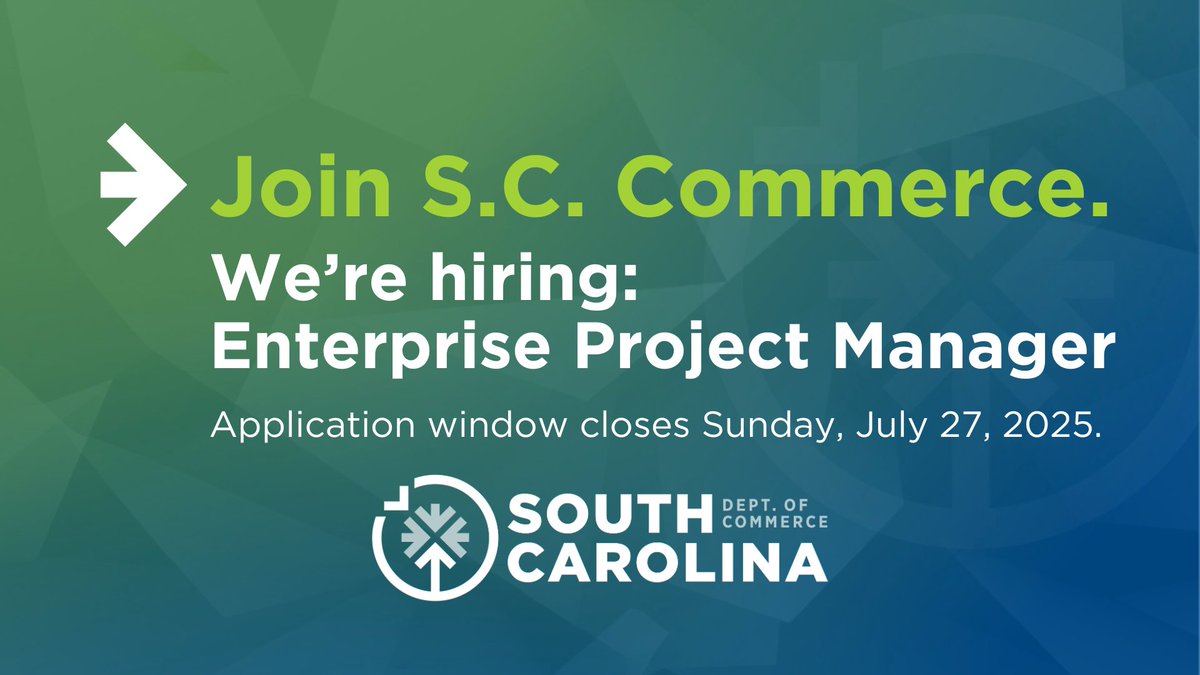 SCcommerce's tweet image. Reminder: S.C. Commerce is seeking an Enterprise Project Manager to serve as the agency’s lead internal resource for project portfolio management. 

Apply before the application window closes this Sunday, July 27, 2025:  governmentjobs.com/careers/sc/job…