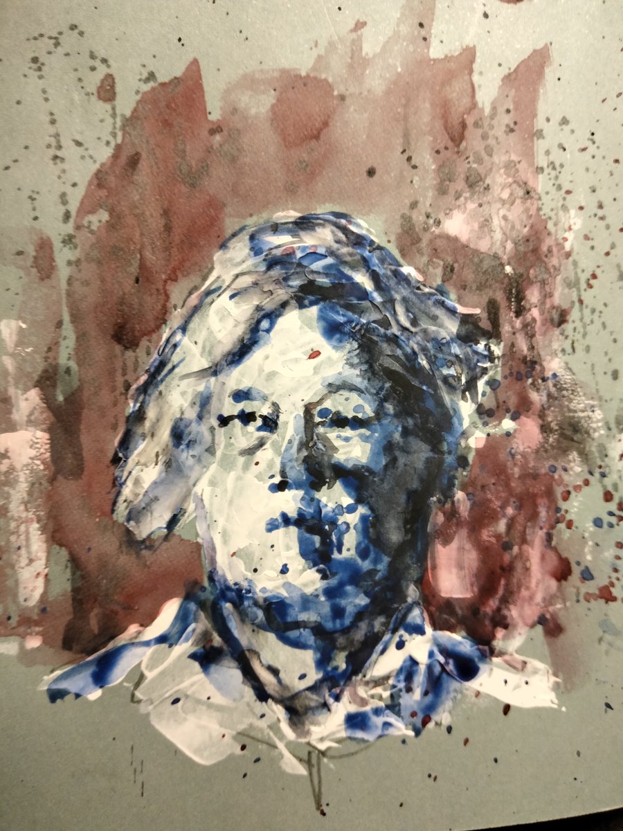 julesartvan's tweet image. Thursday #PortraitChallenge #watercolour #ink and #acrylicsketch on #printedpage of ‘Retired Schoolmistress’, painted by Evelyn Dunbar in 1955

Thank you @ahistoryinart and @StudioTeaBreak