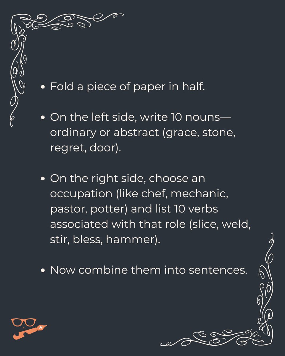 JeffMillerCM's tweet image. If you do this exercise, let's share inspiration. Comment some of your surprising noun-verb pairs.  #Writing #Writingexercise