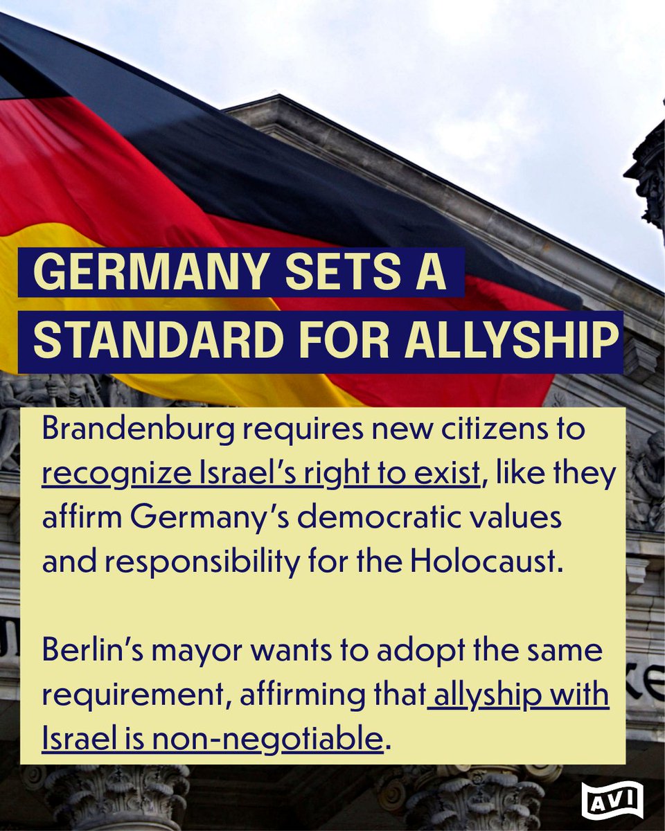 AlliedVoicesIL's tweet image. 🇩🇪 Brandenburg requires new citizens to recognize Israel's right to exist. Berlin's mayor wants to adopt the same policy.
This isn't about supporting every Israeli governmental policy. It's about rejecting anti-Jewish hatred and acknowledging Israel's legitimacy