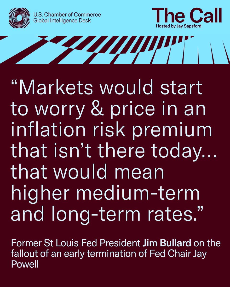 ChamberGlobal's tweet image. Amid mounting pressure on Fed Chair Powell, what's the Fed's next move?
Former Federal Reserve Bank of St. Louis CEO Jim Bullard, now Dean of @PurdueBusiness, joins "The Call" to explain how the Fed navigates through political noise.
WATCH: youtube.com/watch?v=0o8J94…
