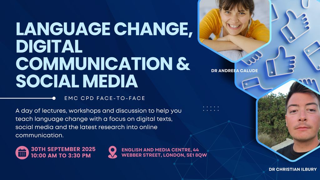 EngMediaCentre's tweet image. EMC CPD Face-to Face: Language Change, Digital Communication & Social Media
A day of lectures, workshops and discussion to help you teach language change with a focus on digital texts and the latest research.
Book by: 8am on 26th September
tinyurl.com/yepbf2r7